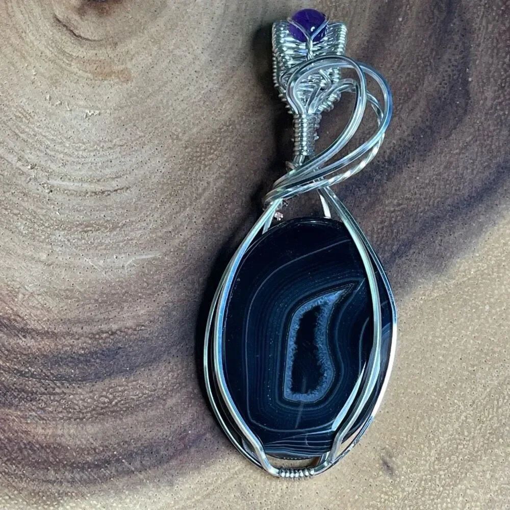 Black agate with druzy large pendant handmade artisan amethyst accent silver pla